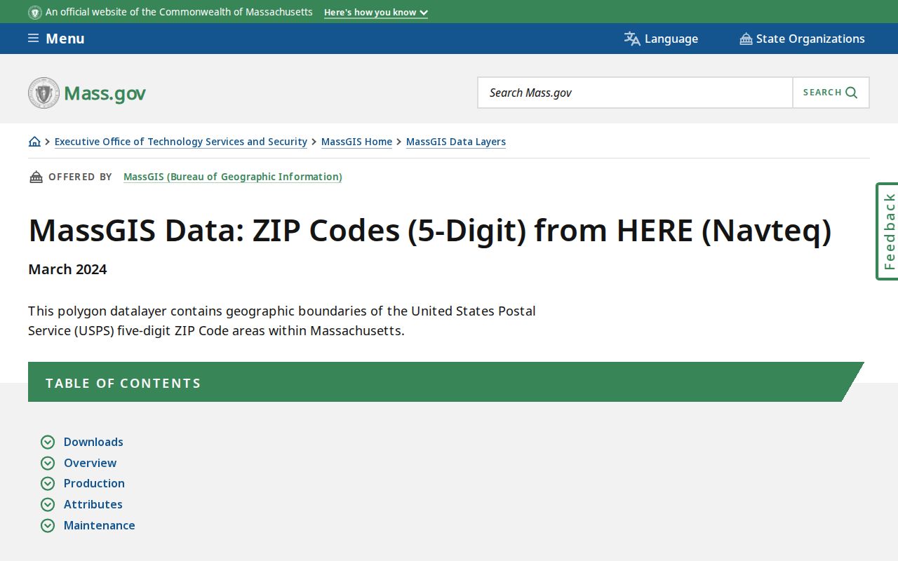 Chicopee ZIP code directory MassGIS ZIP boundary reference